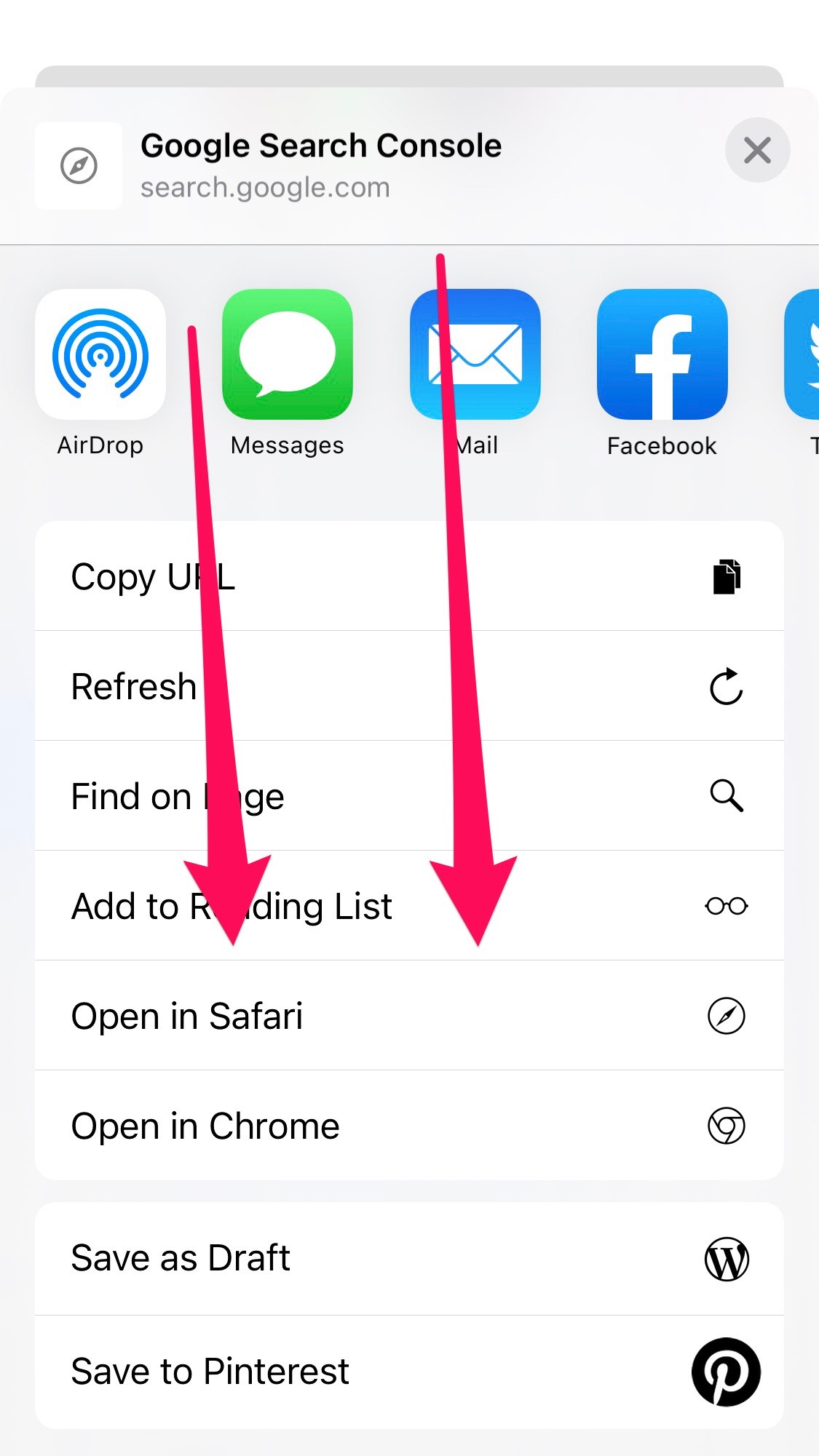 screenshot showing how to open the page in Safari on iPhone