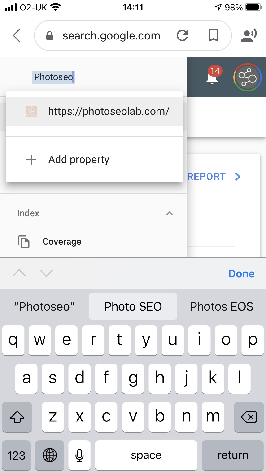 screenshot showing selecting a property within Google Search Console