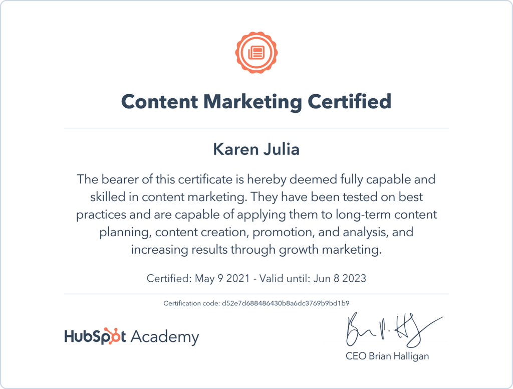 Hubspot Content Marketing Certification for Karen Julia