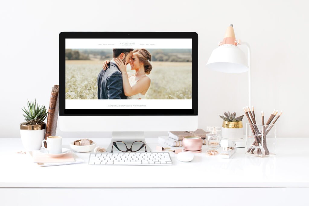 graphic showing a UK wedding photographer website on a computer mock-up