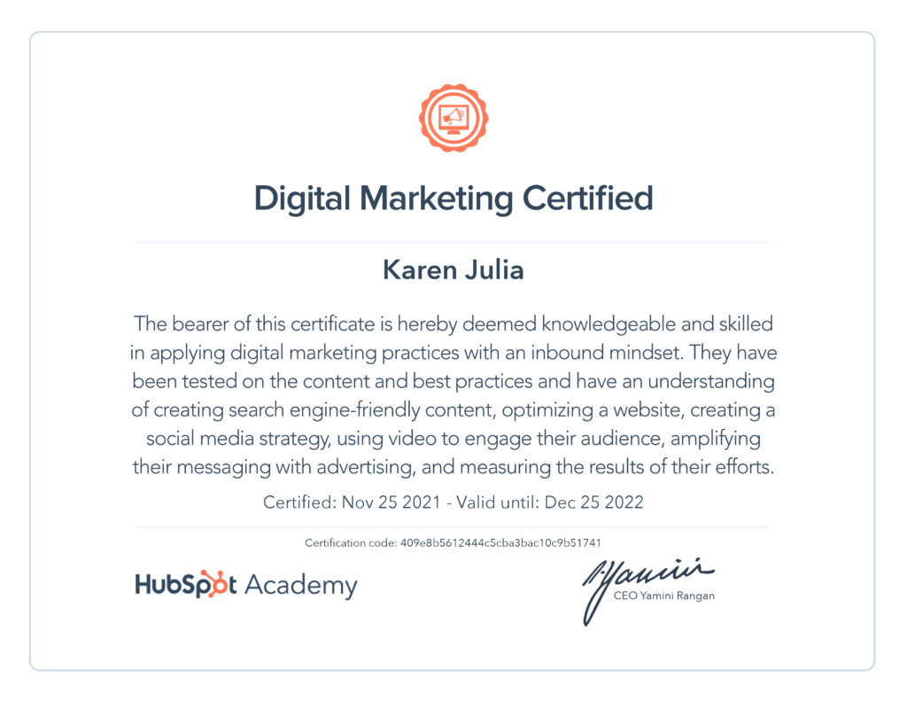 Hubspot Academy Digital Marketing Certificate
